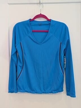 NWT Be Inspired Top S Blue Elect Mesh It Up Long Slv. V-neck Athletic